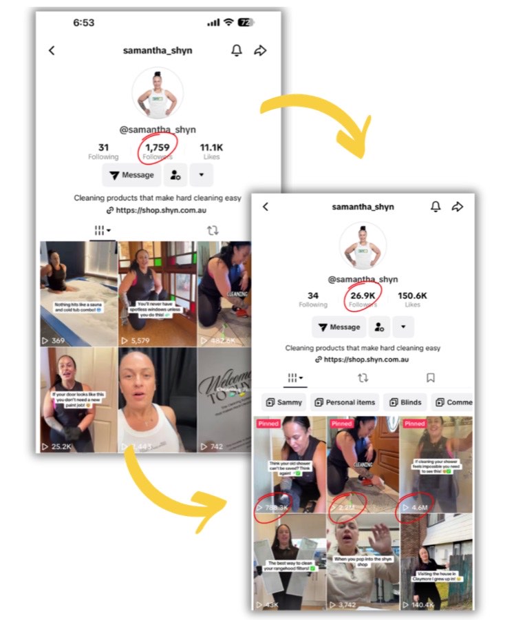 Samantha's TikTok profile before and after: 1,759 followers to 26,900